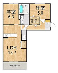 リジェールイースト 1階2LDKの間取り
