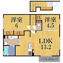 プラムコート大安寺　A棟 2階2LDKの間取り