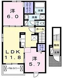 クラール蔵本公園 B 2階2LDKの間取り