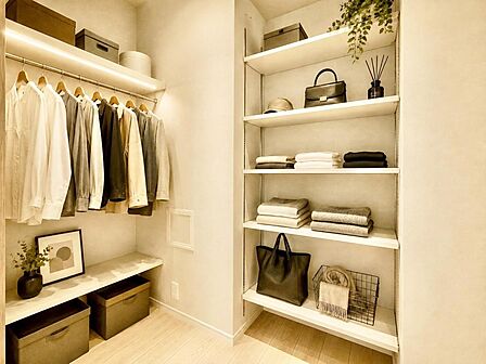 ※生成AIによるイメージです。家具・小物は販売価格に含まれません。建物内部の収納には拘りました。共有部分に設けた収納。少しでも空いているスペースを収納にすることで、無駄のない空間を演出しております。