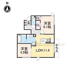 カーサルピナス 101 1階2LDKの間取り