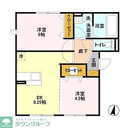 JR武蔵野線 吉川駅 徒歩14分の賃貸アパート 1階2DKの間取り