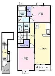 東武伊勢崎線 大袋駅 徒歩10分の賃貸アパート 2階2LDKの間取り