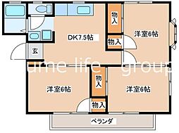 リーフハイツ中原2号棟 3DKの間取図画像