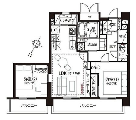 作業のしやすい壁付けタイプのシステムキッチン。各所に収納を設けており荷物が多い方も安心です。