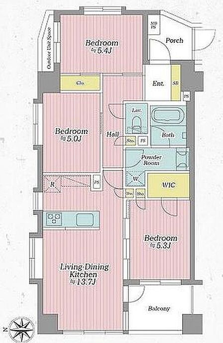 角部屋につき明るく風通しの良い室内。各所に収納を設けており荷物が多い方も安心です。