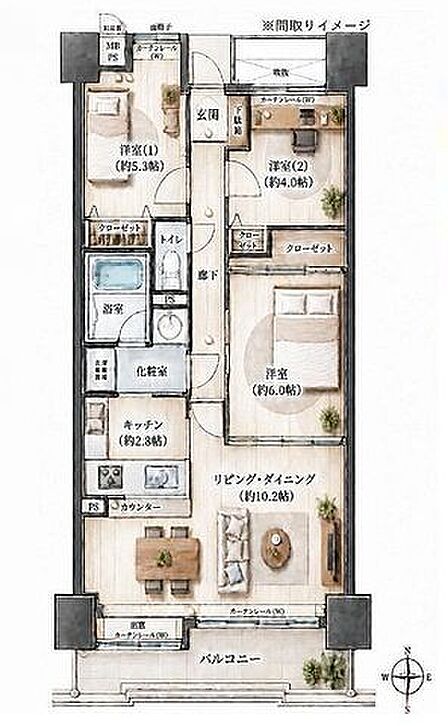 効率の良い家事動線を追求した水回り集中設計。各所に収納を設けた暮らしやすいプランです。人気の対面式キッチンで開放感のあるLDK!