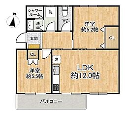 箕面粟生第2住宅20棟 2LDKの間取図画像