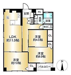 府公社千里津雲台団地A-22棟 3LDKの間取図画像