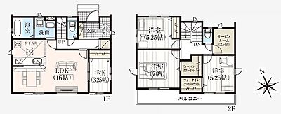 間取り：1号棟　4LDK＋サービスルーム＋WIC×2＋SC＋カースペース2台(車種による)