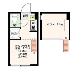 東京メトロ丸ノ内線 新高円寺駅 徒歩10分の賃貸アパート 2階ワンルームの間取り