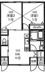 京王井の頭線 富士見ヶ丘駅 徒歩15分の賃貸アパート 1階2DKの間取り