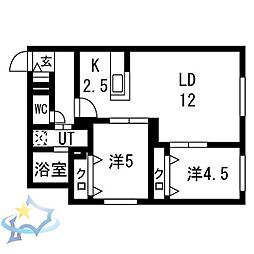 札幌市営東西線 バスセンター前駅 徒歩10分の賃貸マンション 2階2LDKの間取り