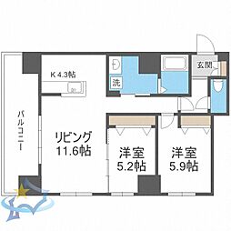 札幌市営東豊線 東区役所前駅 徒歩12分の賃貸マンション 9階2LDKの間取り