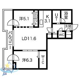 札幌市営東西線 西18丁目駅 徒歩10分の賃貸マンション 2階2LDKの間取り