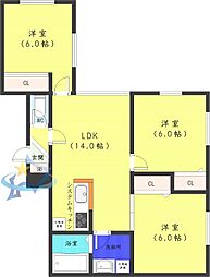 札幌市営東西線 西18丁目駅 徒歩18分の賃貸マンション 3階3LDKの間取り