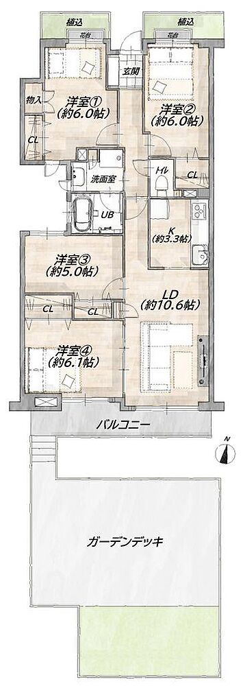 4LDK、専有面積80.06m2、バルコニー面積7.42m2、ガーデンデッキ43.52m2