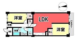 関大前スカイハイツB棟 2LDKの間取図画像