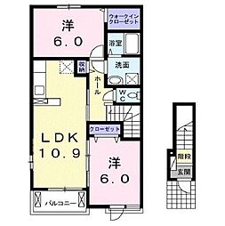JR福塩線 道上駅 徒歩5分の賃貸アパート 2階2LDKの間取り