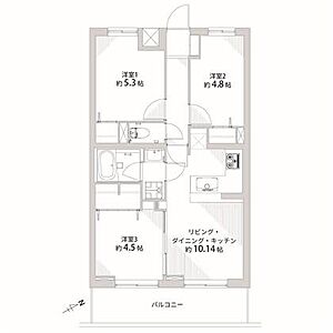 間取り：3LDK、専有面積55.10?、バルコニー面積8.70?