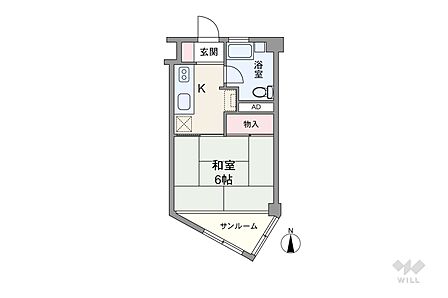 間取りは専有面積25.49平米の1K。バルコニー面積は1.06平米です。