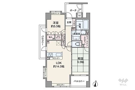間取りは専有面積60.48平米の2LDK。バルコニー面積は9.59平米です。