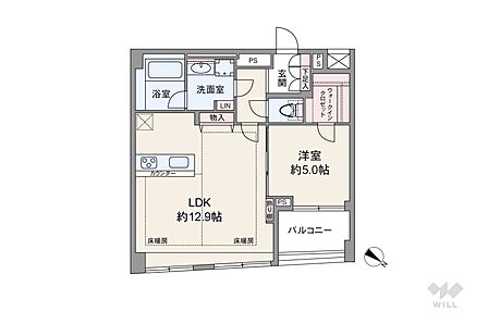 間取りは専有面積48.36平米の1LDK。LDK約12.9帖のプラン。バルコニー面積は4.35平米です。