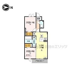 竜田テラス 105 1階2LDKの間取り