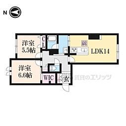 近鉄奈良線 新大宮駅 徒歩22分の賃貸アパート 1階2LDKの間取り
