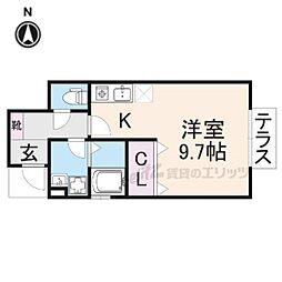 クレイドル奈良町 1階ワンルームの間取り