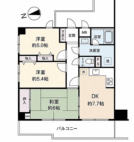 3DK 専有面積:57.00? バルコニー面積:10.44