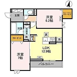 宇都宮市簗瀬3丁目アパート 2LDKの間取図画像