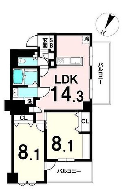 ゆとりある2LDKで、洋室はどちらも約8.1帖の広さ。南西・北西の2面バルコニーにより採光・通風が優れ、居室の使い勝手も高い構成。