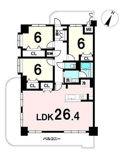 26.4帖のLDKを中心に、全居室6帖以上のゆったりした間取り。二面バルコニーで採光・通風が良く、家族で快適に過ごせます。間仕切り造作で4LDK・5LDKへの変更も可能です(別途費用)。