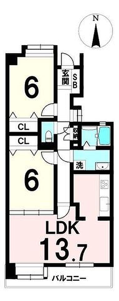 使い勝手の良い2LDK。LDKは約13.7帖で家具配置がしやすい広さ。洋室2部屋はどちらも約6帖、収納も確保。浴室は窓付き+追い焚き、北側洋室には新規エアコン設置済