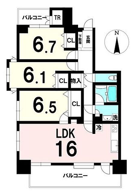 広々16帖LDKで、全居室6帖以上の洋室の3LDK。