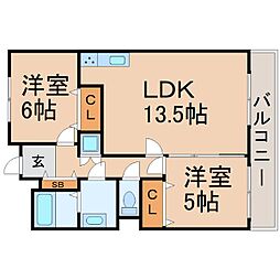 ラムール武庫之荘 2LDKの間取図画像