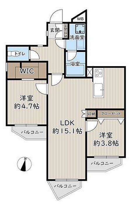 2階・南東向き角部屋の2LDK+ウォーキングクローゼット。専有面積60.97平米、約15.1帖の広々としたLDK、全部屋バルコニーに面した明るい住空間。