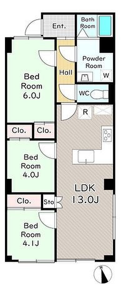専有面積63.54m2の3LDK。LDK約13帖と洋室3室を備え、家族の個室や仕事部屋など用途を分けて使える間取りです。