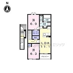 プリュニエ　キャトル 2階2LDKの間取り