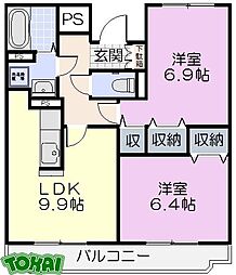 クレスト 3階2LDKの間取り