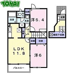 近鉄山田線 松ヶ崎駅 徒歩17分の賃貸アパート 2階2LDKの間取り