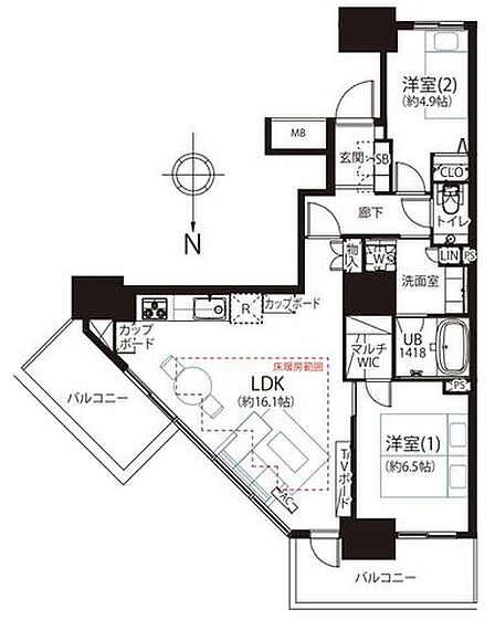開放感ある角部屋の2LDK。窓が広いリビングには床暖房付き。WICなど収納も豊富です。