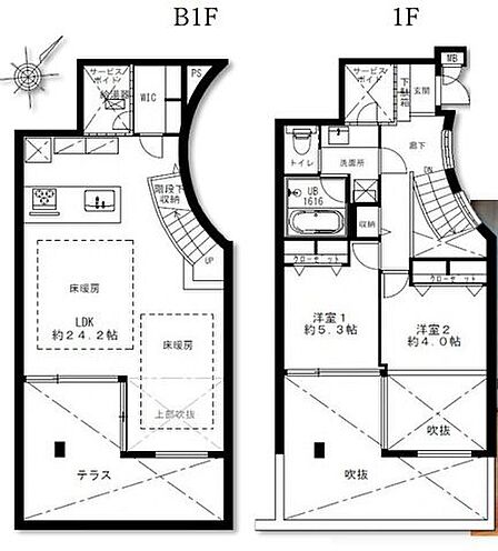戸建風なメゾネットタイプ。リノベーション済みの2LDK。広々約24帖LDKに面する南東向きのテラス付です。