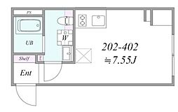 都営大江戸線 中井駅 徒歩2分の賃貸マンション 2階ワンルームの間取り