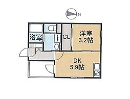 ハーモニーテラス紅雲町2 1DKの間取図画像