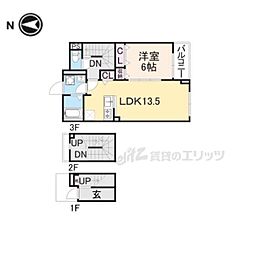 近鉄橿原線 九条駅 徒歩10分の賃貸アパート 3階1LDKの間取り