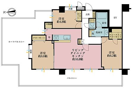 3LDK、専有面積76.23m2、バルコニー面積20.33m2