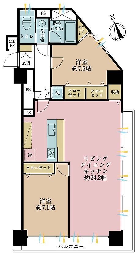 2LDK、専有面積72.48m2、バルコニー面積5.96m2