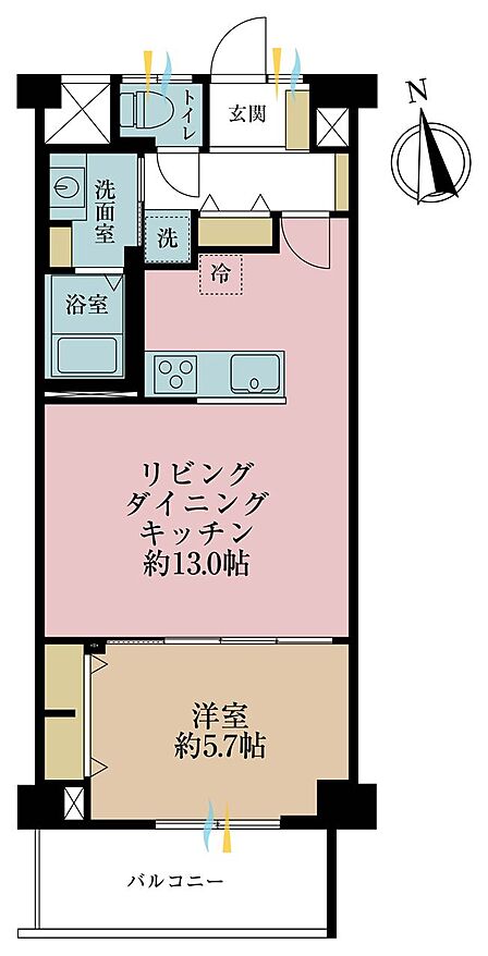 1LDK、専有面積45.24m2、バルコニー面積5.96m2